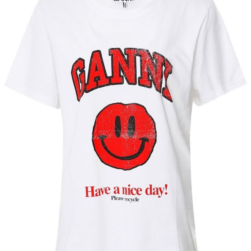Ganni White Tee with Red Smiley Graphic